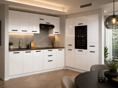 Produktbild von ULWEHOME | Eckküche 360 cm Weiß Hochglanz, L-Küche, Kühlschrankumbau, Backofen-Mikrowellenschrank, Vorratsschrank & geteilte Arbeitsplatten 140 cm, KI-generiertes Bild