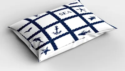 Produktbild von ABAKUHAUS Navy blau Kopfkissenbezug, Meeresmotive Anker Delfin Seestern Fische Seepferdchen und Schalen Druck, 40x80 cm, Marineblau Weiß