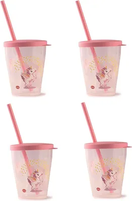 Zdjęcie produktu dla Zestaw czterech szklanek o pojemności 385 ml z wielokrotnego użytku słomek - motyw jednorożca - wyprodukowano we Włoszech
