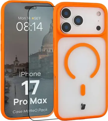 Produktbild von Schutzhülle mit Magnetring + gehärtetem Glas für iPhone 17 Pro Max, Bizon MatteO Pack, Getönt-Orange