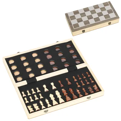 Produktbild von Faltbares Spiele-Set, Schach und Dame, kompakter Koffer, Walnuss, Zubehör