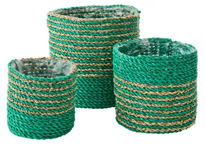 Produktbild von J-Line Set Von 3 Übertopf Gestreift Raffia Dunkelgrün/Naturell