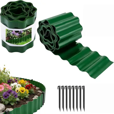 Produktbild von Rasenkante Beeteinfassung Rasen Begrenzungen Sinus Welle grün 9m X 15 cm mit 8 Befestigungspfosten