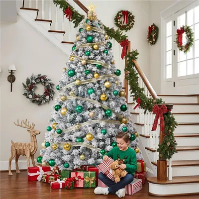 Produktbild von Yaheetech 213cm Künstlicher Weihnachtsbaum mit Schnee & 350 LED, ca.1000 Spitzen, Tannenbaum mit Metallständer, Weiß & Grün