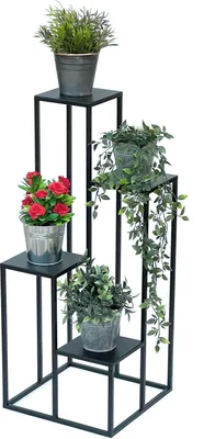 A black metal plant stand with four tiers, holding several potted plants.