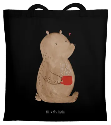 Produktbild von Mr. & Mrs. Panda Einkaufstasche Bär Morgenkaffee - Schwarz - Geschenk, Tote Bag, Jutebeutel, Hochzeitstag, für Frauen, Jahrestag, Schultasche, Freundin, Beutel