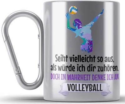 Produktbild von Trendation - Volleyball Geschenk Edelstahl Tasse Karabiner Coach Herren Mädchen Kaffee Zubehör Volleyball-Spieler Spielerin (Silber)