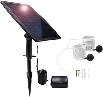 Produktbild von Solarenergie-Luftpumpe mit integriertem 2,5-W-Solarmodul, inklusive Luftpumpe, Schlauch und Luftsteinen, ideal für Gärten, Aquarien, Schwimmbäder und Teichanlagen.