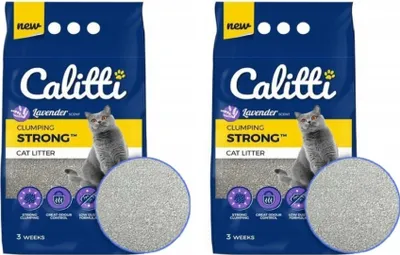 Two bags of Calitti Strong Lavender clumping cat litter are shown side-by-side against a white background.