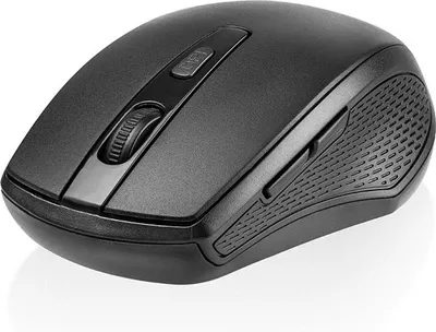 A black wireless computer mouse is shown from a slightly elevated side angle against a white background.
