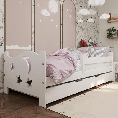 Produktbild von Kinderbett Lili mit Rausfallschutz, Schublade und Lattenrost | 160x80 cm | Deckweiß | 100% Massivkiefernholz | für Jungen und Mädchen | stabil
