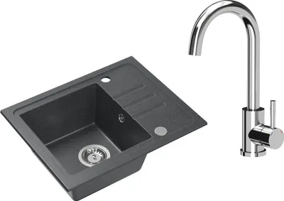 Immagine prodotto di VBChome Lavello in granito nero con rubinetteria 55 x 44 cm Lavello da incasso a vasca singola Macchiettato Reversibile Lavello in granito Sifone Rubinetteria per lavabo