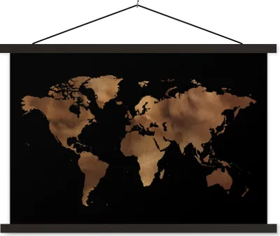Produktbild von MuchoWow® Textilposter Weltkarte - Schwarz - Bronze 120x80 cm mit schwarzem Rahmen - Wanddeko