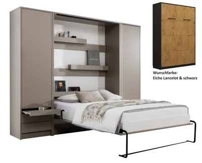 Produktbild von Schrankbett Wandbett Klappbett vertikal GN 140x200 mit Schreibtisch LED und 2 Schränken eiche lancelot und schwarz