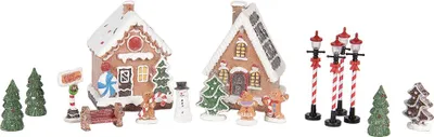Productafbeelding van Clayre & Eef kerstdecoratie met LED-verlichting: peperkoekhuis (set van 17 stuks), 9x8x13 cm / 2xAAA, bruin, kunststof