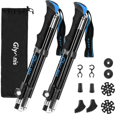 Produktbild von Glymnis Wanderstöcke Trekkingstöcke Walking Stöcke verstellbar 110-130cm Klemmverschluss mit 4 Paar Gummipuffers für Trekking / blau