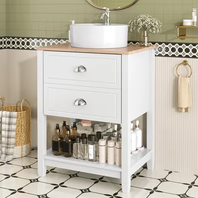 A bathroom vanity with a sink and various toiletries displayed on the shelves.