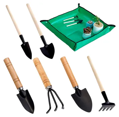 Produktbild von 7-teiliges Set Mini-Gartenwerkzeuge mit Holzgriffen aus Eisen für Pflanzen und Gartenarbeiten