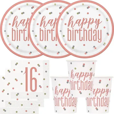 Produktbild von 16. Geburtstag Partyset Einweggeschirr roségold 48 tlg. Partygeschirr Teller Becher Servietten