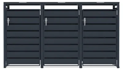 Image de Boîte de rangement pour trois poubelles en métal, de couleur grise, avec porte, pour deux poubelles de 240 litres chacune