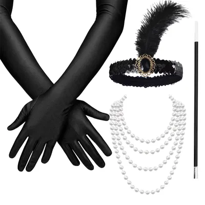 Produktbild von 20er Set Damen Kostüm – 1920er Jahre Charleston Accessories Great Gatsby mit Handschuhe, Halskette, Stirnband schwarz – Fasching & Karneval