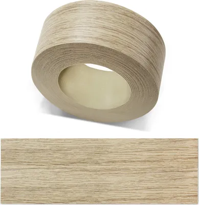 A roll of wood grain edge banding tape shown from the side and a close-up of its texture.