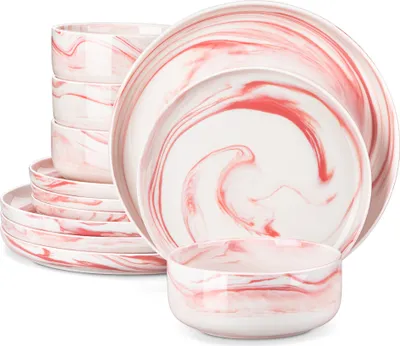 Obrázek produktu pro MALACASA, 12dílná porcelánová sada nádobí, jídelní talíř, dezertní talíř, miska, mramorově růžová