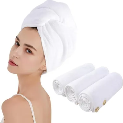 Produktbild von Mikrofaser Haarturban mit Knopf, saugfähig, weich, für Lange Haare, 25x65cm, 3er