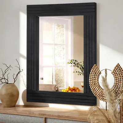 Immagine prodotto di Specchio da parete in legno, stile rustico, rettangolare, con decorazioni antiche, dimensioni 40 x 50 cm, colore nero