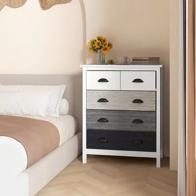 Image de Commode à 5 tiroirs, buffet, MDF et bois de pin, blanc | 70 x 38 x 85 cm | 26,5 kg | Système anti-basculement