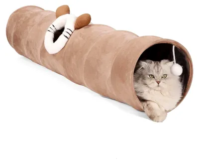 Produktbild von Zusammenklappbarer Katzentunnel, gerades Rohr für Katzen und kleine Haustiere, faltbar, Spielhöhle mit hängendem Ball und Guckloch, geeignet für Kaninchen, Frettchen und Welpen