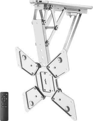 A silver colored TV ceiling mount with a remote control.