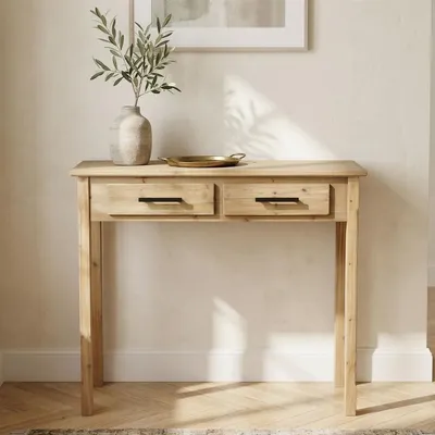 Image de Table d'appoint "Nature" en bois, 90x34 cm, table de téléphone avec 2 tiroirs, table console