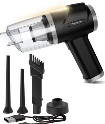A black and silver handheld vacuum cleaner with various attachments and a USB charging cable, displayed on a white background.