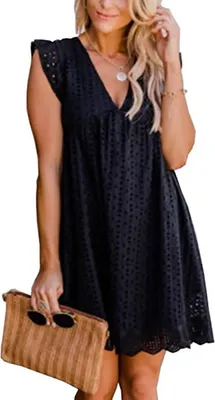 Produktbild von ASKSA Damen Elegant Rüschen Kleider Integriertem Shorts Sommer V-Ausschnitt Minikleid Kleid mit Taschen, Schwarz, L