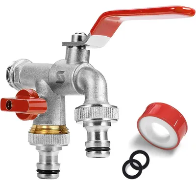 Produktbild von Gartenwasserhahn Messing Doppel 1/2 auf 2x 3/4 Zoll Rot mit 2 Schlauchanschlüssen und Dichtband