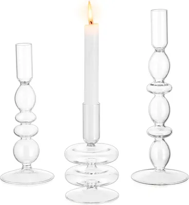 Produktbild von Glas Kerzenhalter - Klare Kerzenhalter Set von 3 - Schicke Kerzenständer - Dekorativer Stabkerzenhalter für Tischdekoration - Weihnachtskerzenhalter für Esstisch - Wohnkultur - Geschenkideen