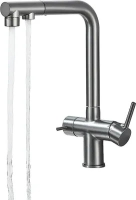 Immagine prodotto di Rubinetto con filtro, doccetta estraibile, doppia maniglia, grigio metallizzato