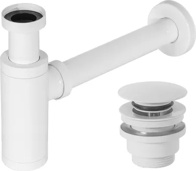 A white siphon and a white pop-up drain are displayed against a white background.