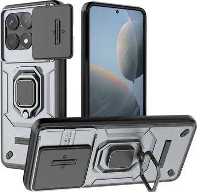 Immagine prodotto di Custodia per Xiaomi Redmi K70 / K70 Pro a doppio strato con protezione scorrevole della fotocamera e supporto ad anello, supporto Grigio