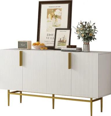 Productafbeelding van AIORBER Moderne dressoir met 4 deuren, gouden metalen handgrepen, verstelbare planken, opbergruimte, metalen poten, elegant design, wit/zwart