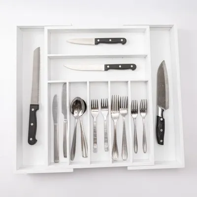 Productafbeelding van Decopatent® Uitschuifbaar bestekbak - Besteklade - 7 Vaks -> Uitschuifbaar naar 9 Vakken - Bestekbakken organizer - Bamboe - Wit
