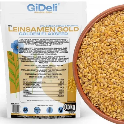Immagine prodotto di Semi di lino dorati 500 g, interi, vegani, naturali, ricchi di fibre, per dolci, GiDeli