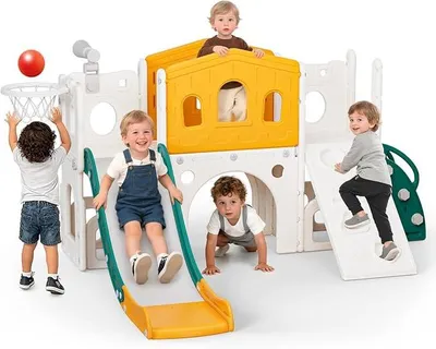 Produktbild von Große Rutsche für Kinder mit Leiter, Plattform, Kriechtunnel, Kletterrampe, Basketballkorb & Spielzeug-Teleskop, Indoor & Outdoor Spielset für Kleinkinder & Vorschulkinder(Grün)
