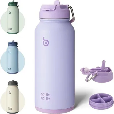Produktbild von Famanu Wasserflasche 950 ml - Isolierte Sportflasche mit Trinkhalm und Pillendose (Lila)
