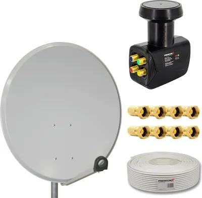 A collection of satellite dish components arranged on a white background.