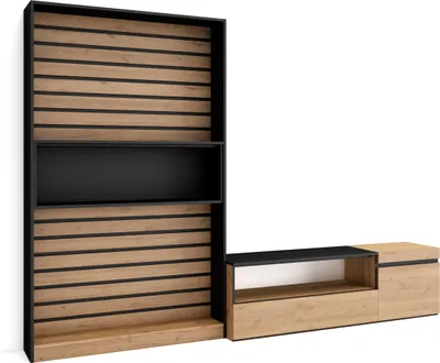 Produktbild von Wohnwand Wohnzimmer, 260x35x186cm, Für TV-Geräte bis zu 65", Wohnzimmer Möbel, Eiche und Schwarz
