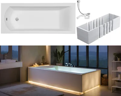 Produktbild von VBChome Badewanne 180 x 80 cm Weiß Acryl Wannenträger Platz für LED-Beleuchtung Styroporträger Siphon Wanne Rechteck Modern Ablaufgarnitur in Chrom