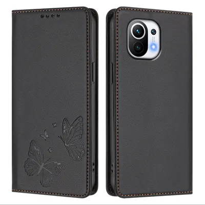Obrázek produktu pro Kožené pouzdro pro Xiaomi Mi 11, motýlí ražbou, peněženkové flip pouzdro se stojánkem Černá