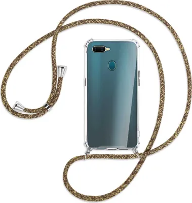 Produktbild von Handykette Backcover-Schutzhülle mit Band (Metall silberfarben) für Oppo A7 / AX7 - braun+beige